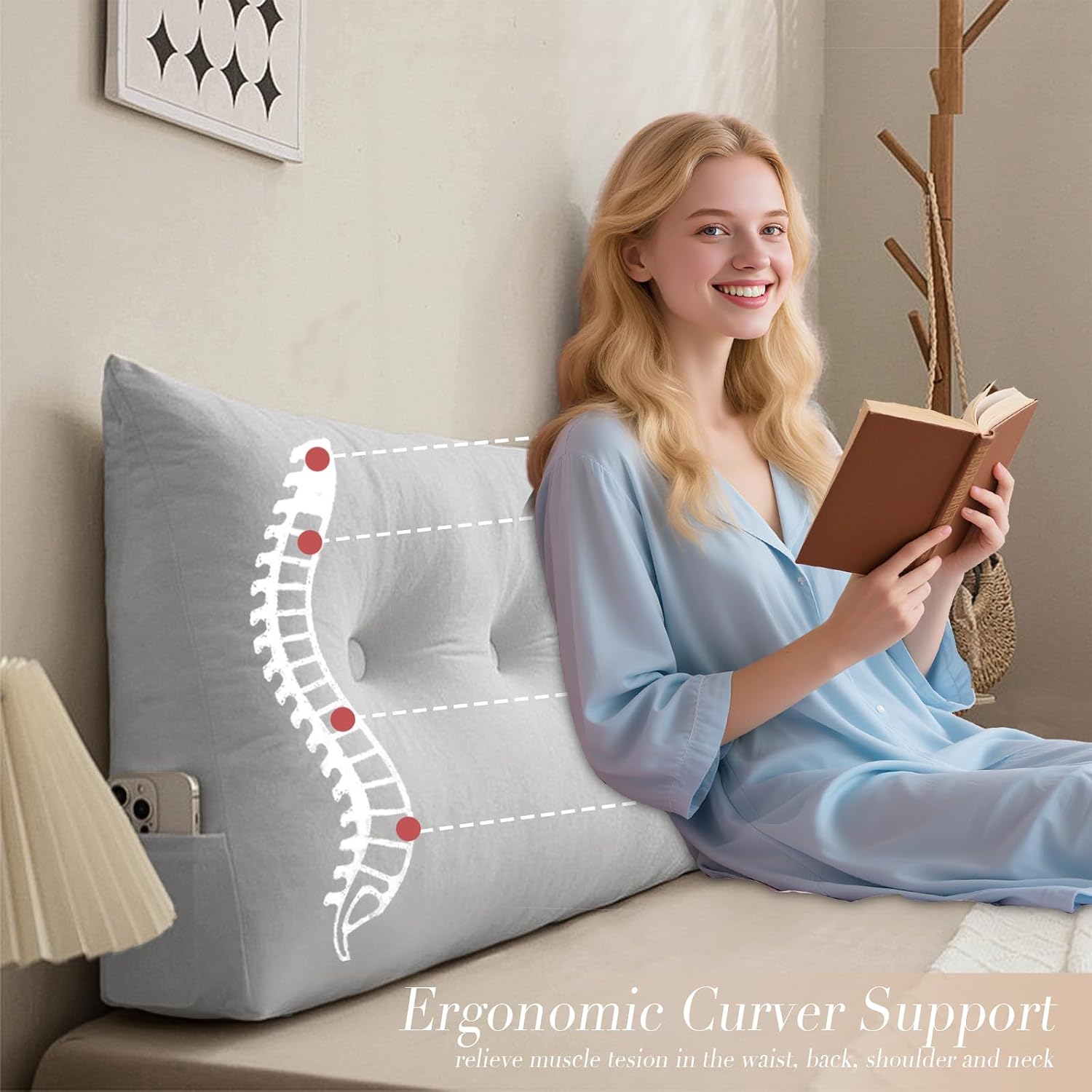 Dorm Headboard Pillows Twin XL Wedge Headboard Pillow Long Backrest Positioning Support for Daybed Reading Backrest Pillow with Side…