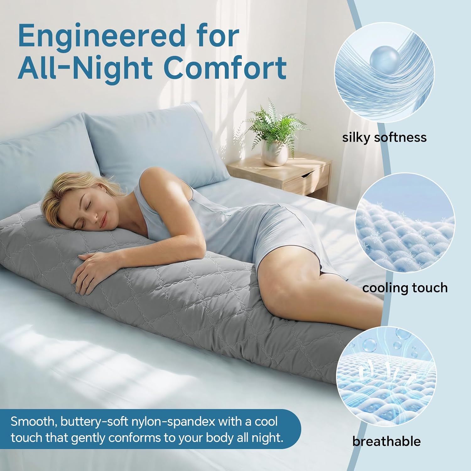 Bedelite Cooling Body Pillow for Adults, Creative Ultra Soft Cool-Touch Quilted Nylon-Spandex Body Pillow Cover, Adjustable Memory Foam Lon…