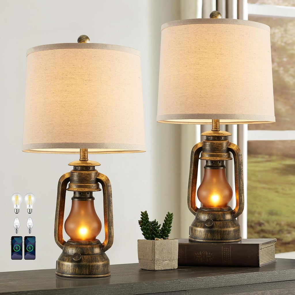 Set of 2 Farmhouse Lantern Table Lamps for Living Room with 2 USB Charging Ports, Rustic Vintage Nightstand Lamps with Nightlight for…