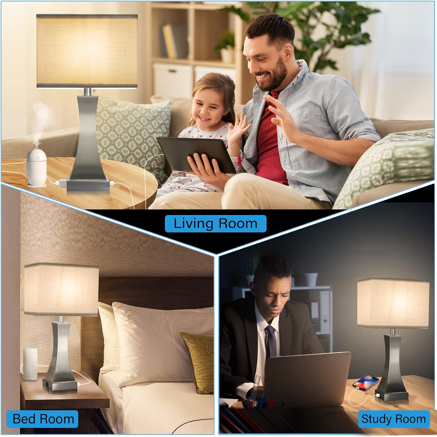OYedis Table Lamp for Bedroom 3-Way Dimmable Touch Control Bedside Lamp with USB A+C Port & Outlet 21.6" Tall Nightstand Lamp for Living…