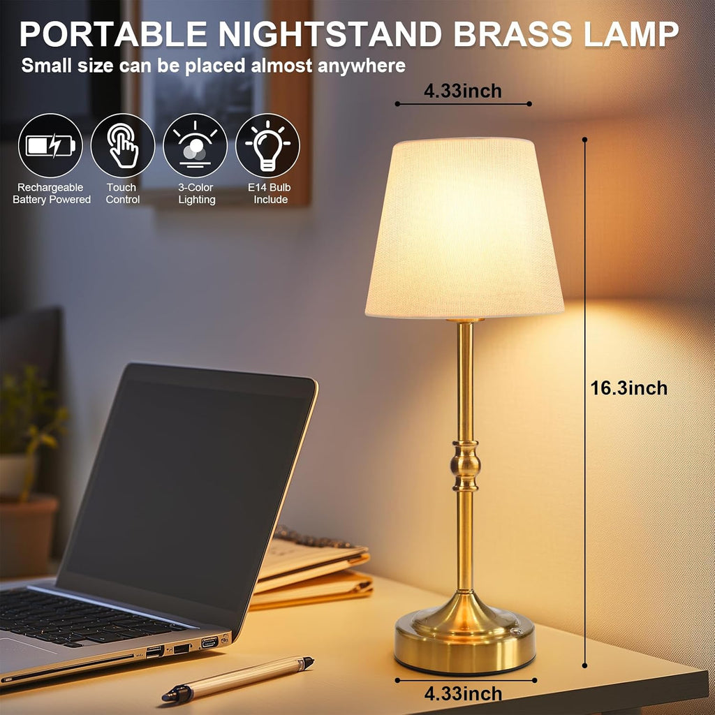 Rechargeable Cordless Table Lamp, 5000mAh Battery Operated Lamp, Wireless 3-Level Dimmable Touch Lamp, Portable Night Bedside Brass Lamp…