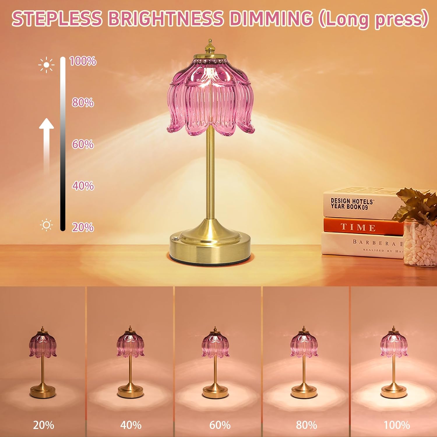 Crkwos Cordless Lotus Flower Table Lamp, 5200mAh Rechargeable Battery Operated Portable Lamp, 3-Color Dimmable Touch Control Small D…