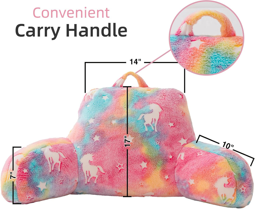 Anicenight A Nice Night Unicorn Plush Reading Pillow Glow in The Dark Colorful Star Bed Wedge Children Backrest with Arms Back Support for…