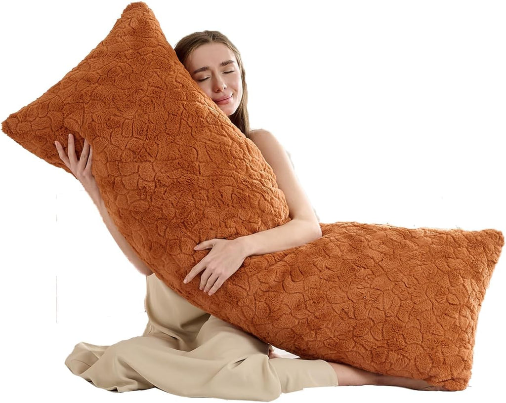 HKMR Fluffy Faux Rabbit Fur Body Pillow, Memory Foam Pregnancy Pillow for Side Sleep Body Pillow,20x54 Long Pillow for Adults-Burnt O…