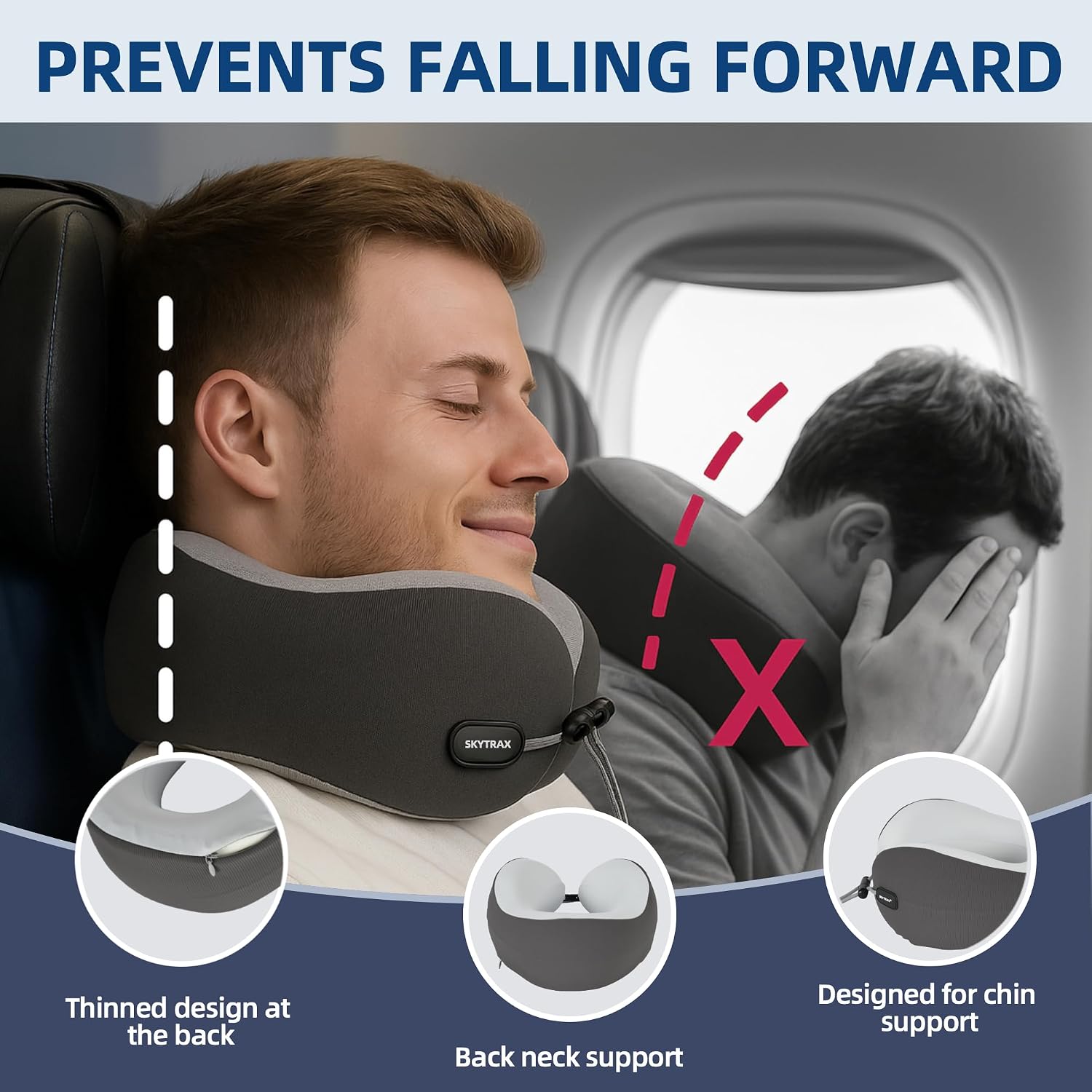 Skytraxcomf SKYTRAX COMF® Ergonomic Memory Foam Travel Neck Pillow, Washable Cooling Ice Silk Cover, Firm Neck Support for Airplane Long Fl…