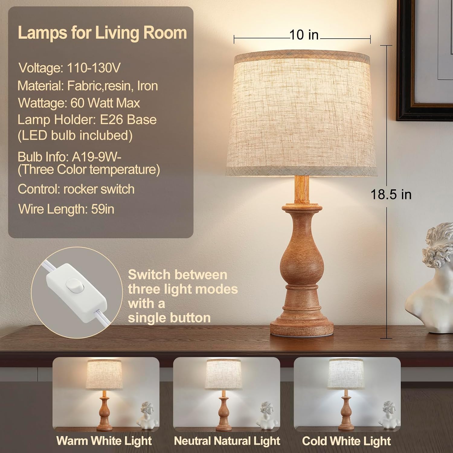 Vintage Table Lamp for Living Room Bedroom, 18.5" Farmhouse Bedside Lamps Nightstand Lamp Set of 2, Table Lamps with Oatmeal Linen Lamp…
