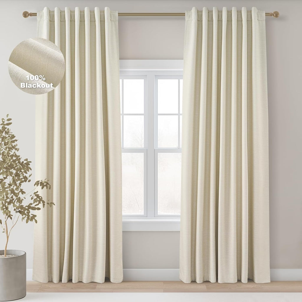 Topfinel Extra Long Total Blackout Linen Ceiling Curtains 108 Inches Long for Large Window Track System, Cream Pleated Cold Blocking Acoust…