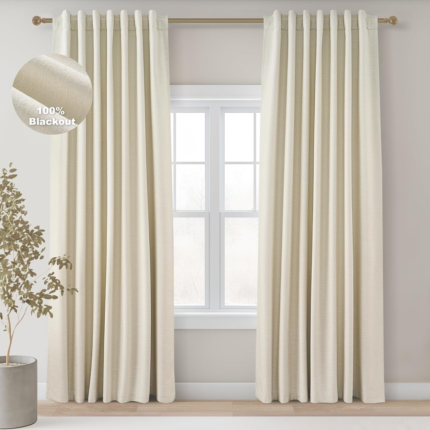 Topfinel 94 Inches Long Cream Colored Custom Blackout Linen Curtains, Ivory Pinch Pleated Noise Cancelling Curtains with Pin Hooks for Trav…