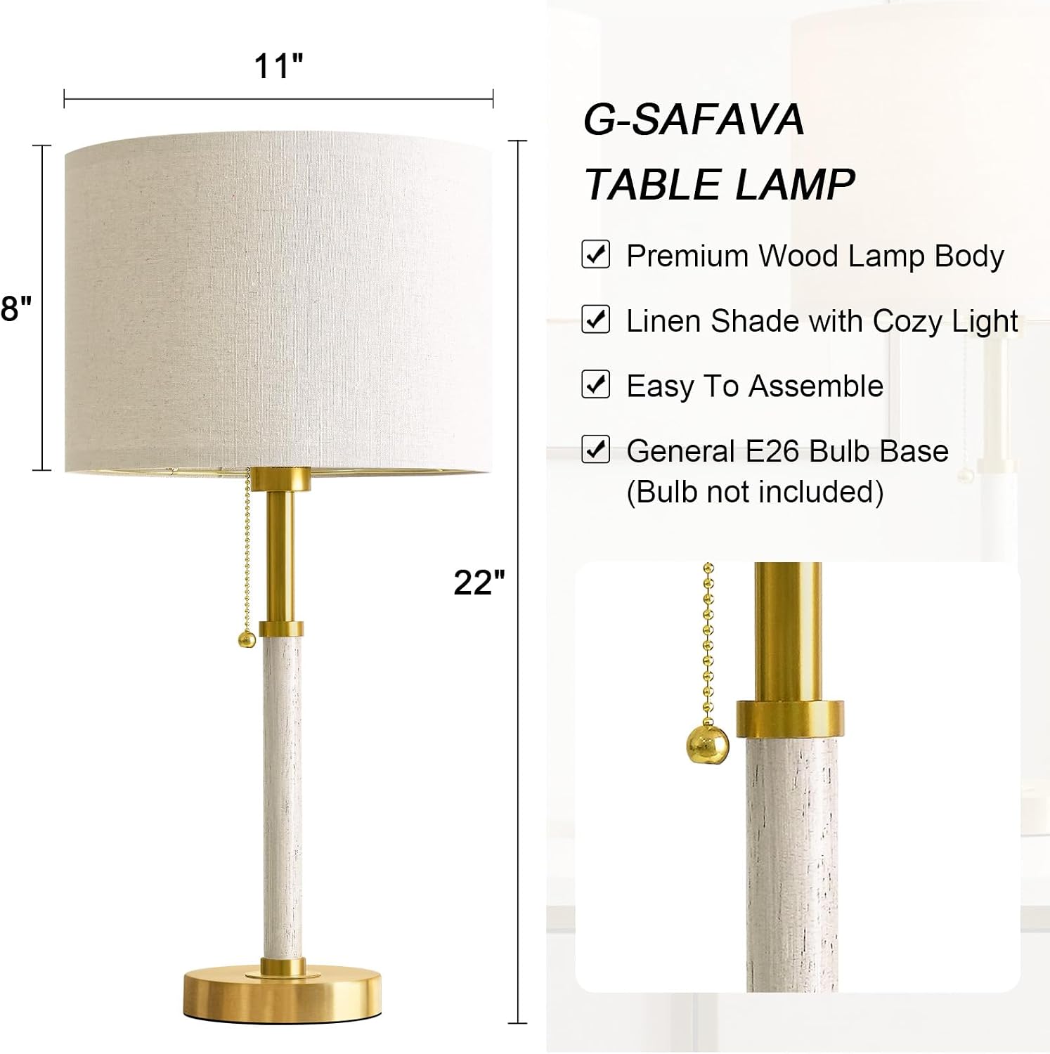 G-SAFAVA 22" Table Lamps Mid Century Modern Lamps for Bedroom Living Room Bedside Lamps for Night Stands Wood Nightstand Lamp Gold Small…