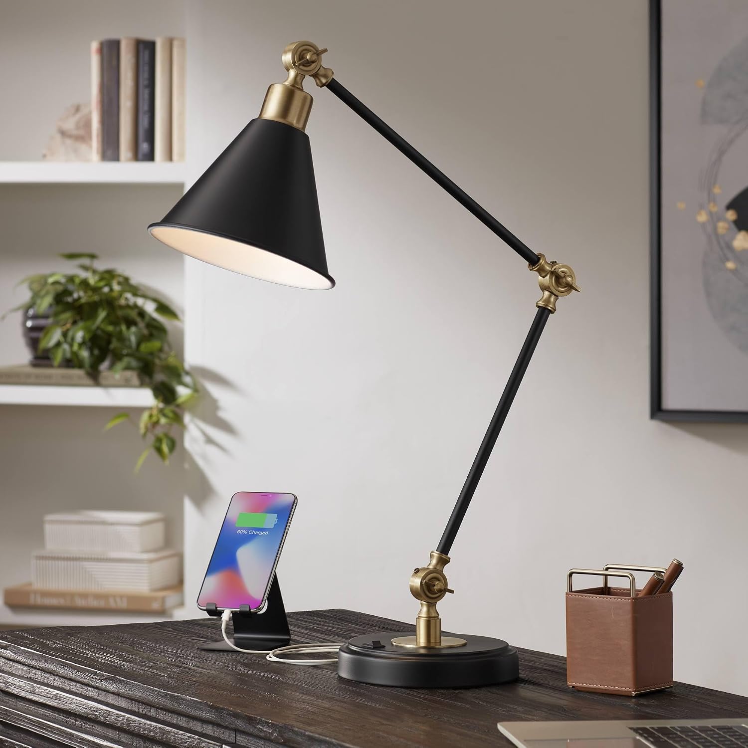 360 Lighting Wray 26 3/4" High Modern Adjustable Desk Lamp with USB Charging Ports A+C Painted Black Brass Metal Cone Shade for Living…