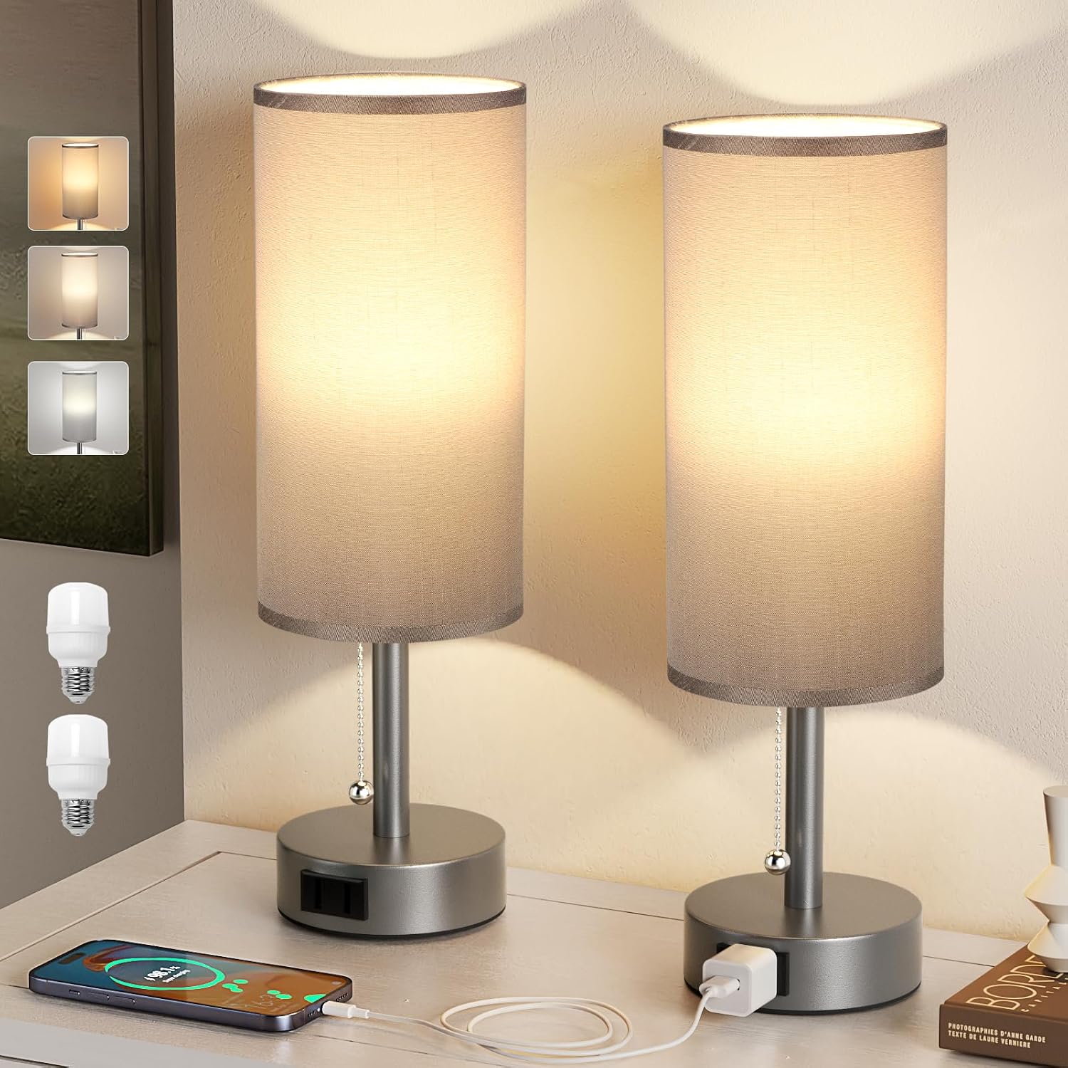 Fenmzee Dark Grey Bedside Table Lamps Set of 2-3 Color Temperatures Pull Chain Lamp with AC Outlet Charging Port, Small Round Night Stand…