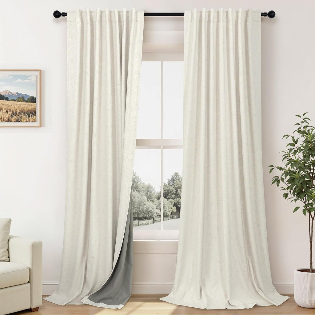 Pitalk Extra Wide 60 Inch Width 100% Blackout Linen Curtains 102 Inches Long 2 Panels for Living Room Bedroom Darkening Thermal Insulated C…