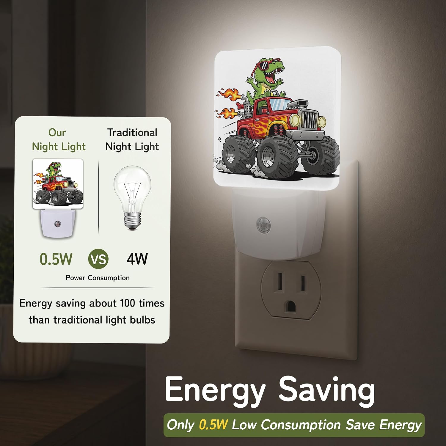 Night Light, Dinosaur Truck Night Lights Plug into Wall Decor for Bedroom Bathroom Hallway Kitchen, Dusk to Dawn Sensor Gift for Women…