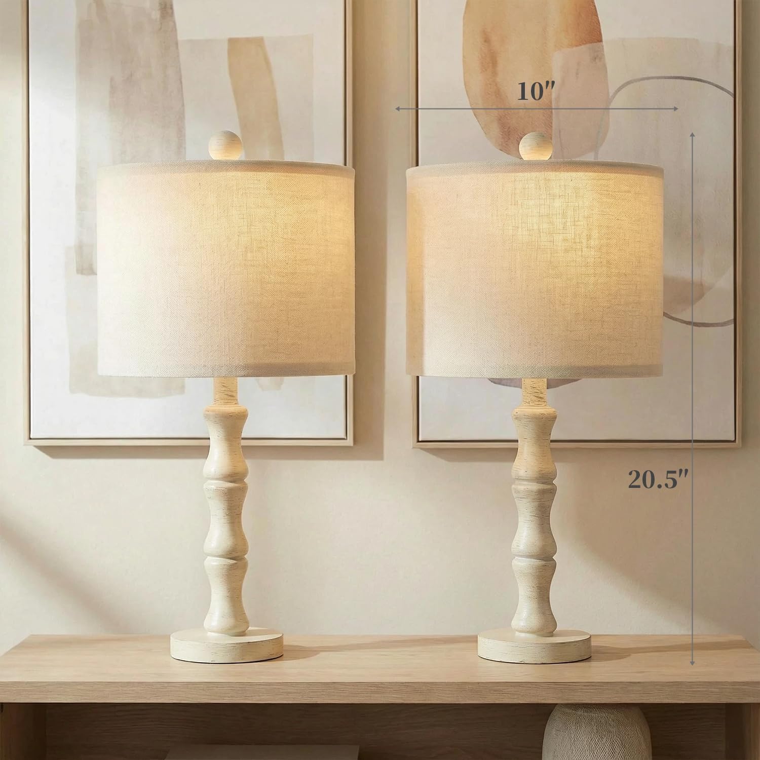 BOBOMOMO 20.5" Farmhouse Bedside Lamps Set of 2, Vintage Nightstand Lamps with Antique White Resin Base & Linen Shade, Small Table Lamps…