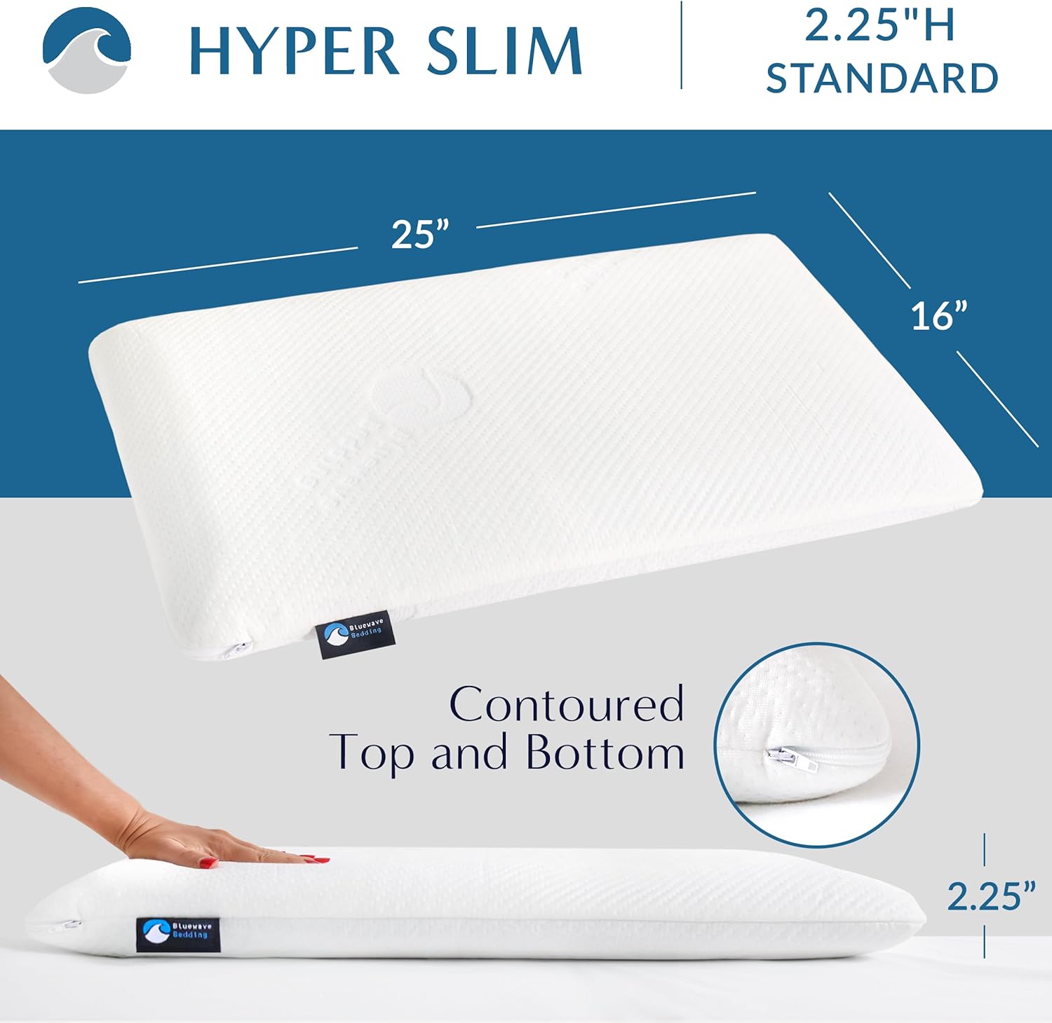 BluewaveBedding Bluewave Bedding Hyper Gel Memory Foam Pillow for Stomach and Back Sleepers - Thin, Flat Design for Cervical Neck Alig…