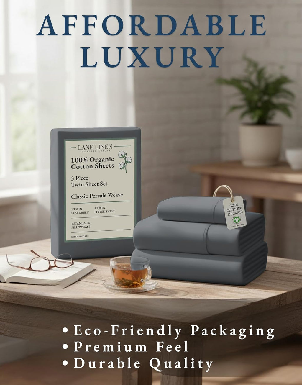 LaneLinen LANE LINEN 100% Organic Cotton 3Pc Bed Sheets Twin Size, Classic Percale Weave, Soft & Comfy Fully Elasticized Naturally Cooling…