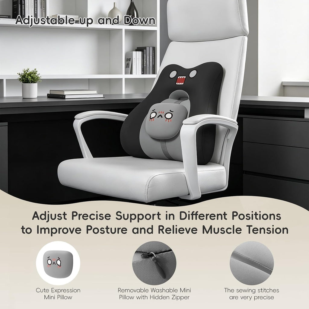 Bebas Lumbar Support Pillow for Car & Office Chair - Ergonomic Back Support Cushion with Adjustable Memory Foam Bolster, Cute Cartoon Desig…