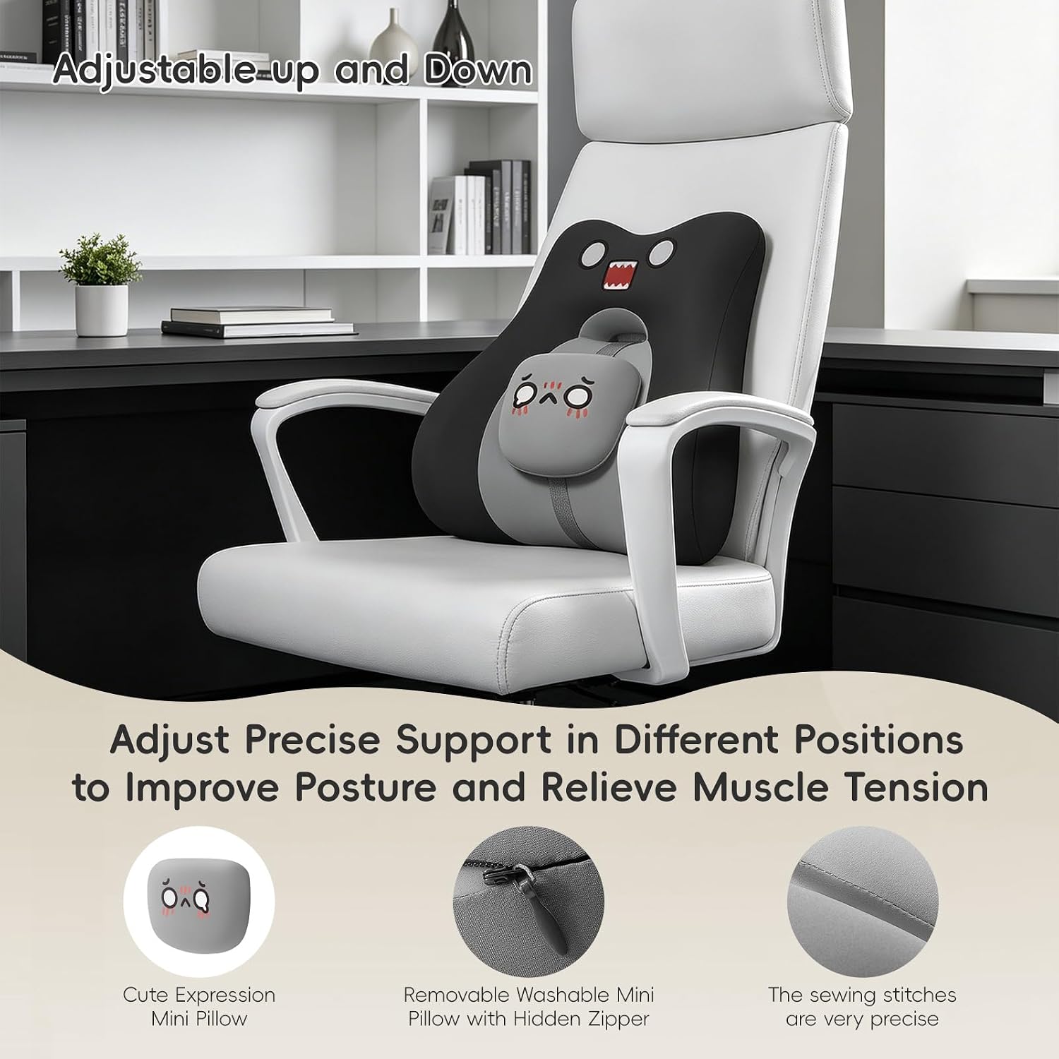 Bebas Lumbar Support Pillow for Car & Office Chair - Ergonomic Back Support Cushion with Adjustable Memory Foam Bolster, Cute Cartoon Desig…
