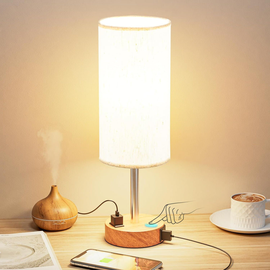 Fenmzee Bedside Table Lamp for Bedroom - 3 Way Dimmable Touch Lamp USB C Charging Ports and AC Outlet, Small Lamp Wood Base Round Flaxen…