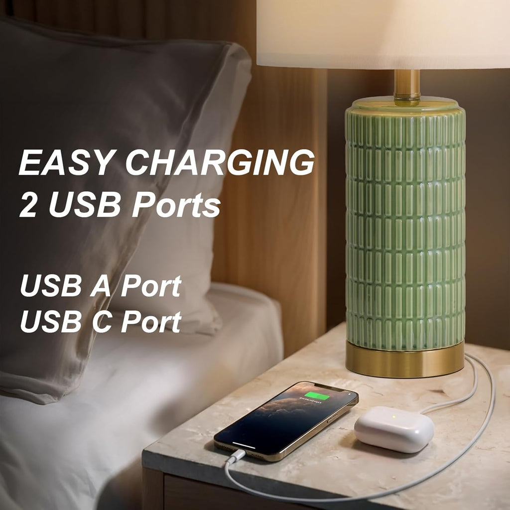 PoKat Bedside Table Lamps Set of 2 for Living Room with 2 USB Ports, 21.5'' Small Modern Nightstand Lamps for Bedroom, Ceramic Side Table…