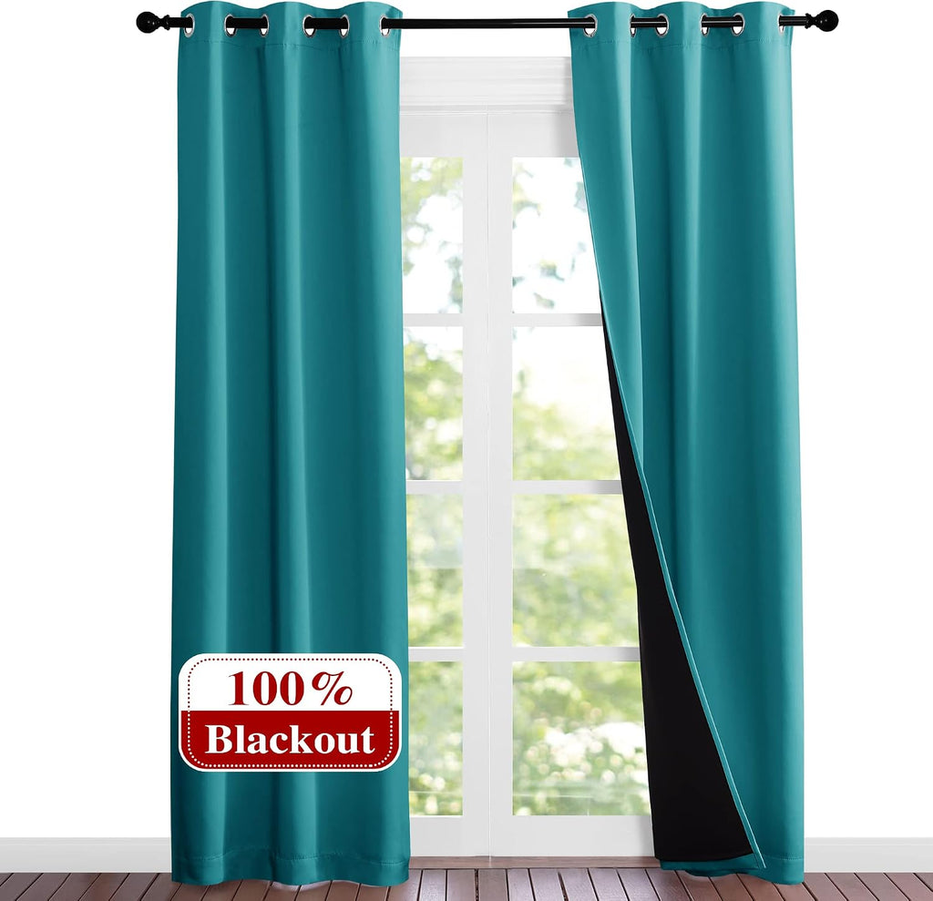 Nicetown Peacock Teal Blackout Curtains 84 inches Long, Full Light Blocking Drapes with Black Liner for Nursery, Noise Reducing Thermal Ins…