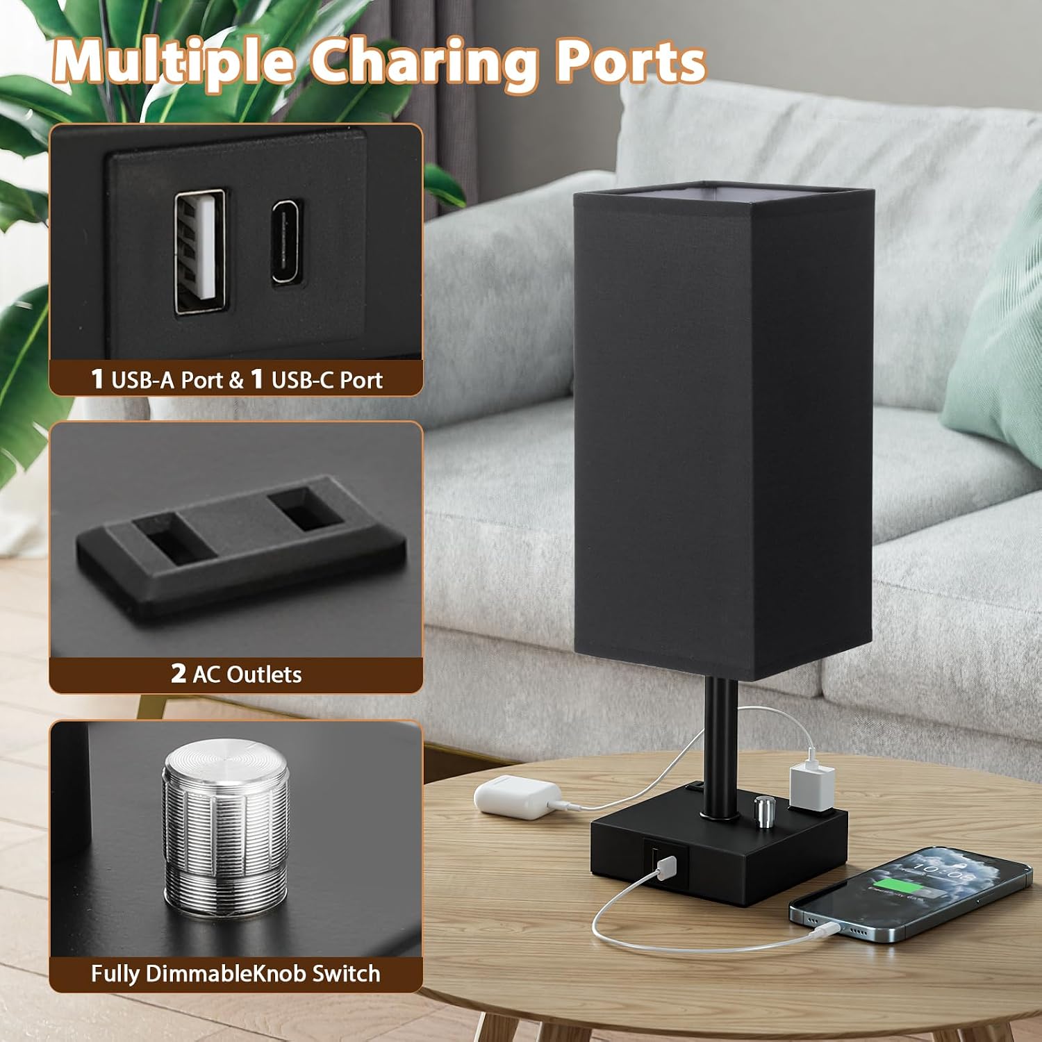 aooshine Black Fully Dimmable Nightstand Lamps Set of 2 - Table Bedside Lamp with USB C+A Charging Ports & 2 AC Outlets, Square Lamp Sets…