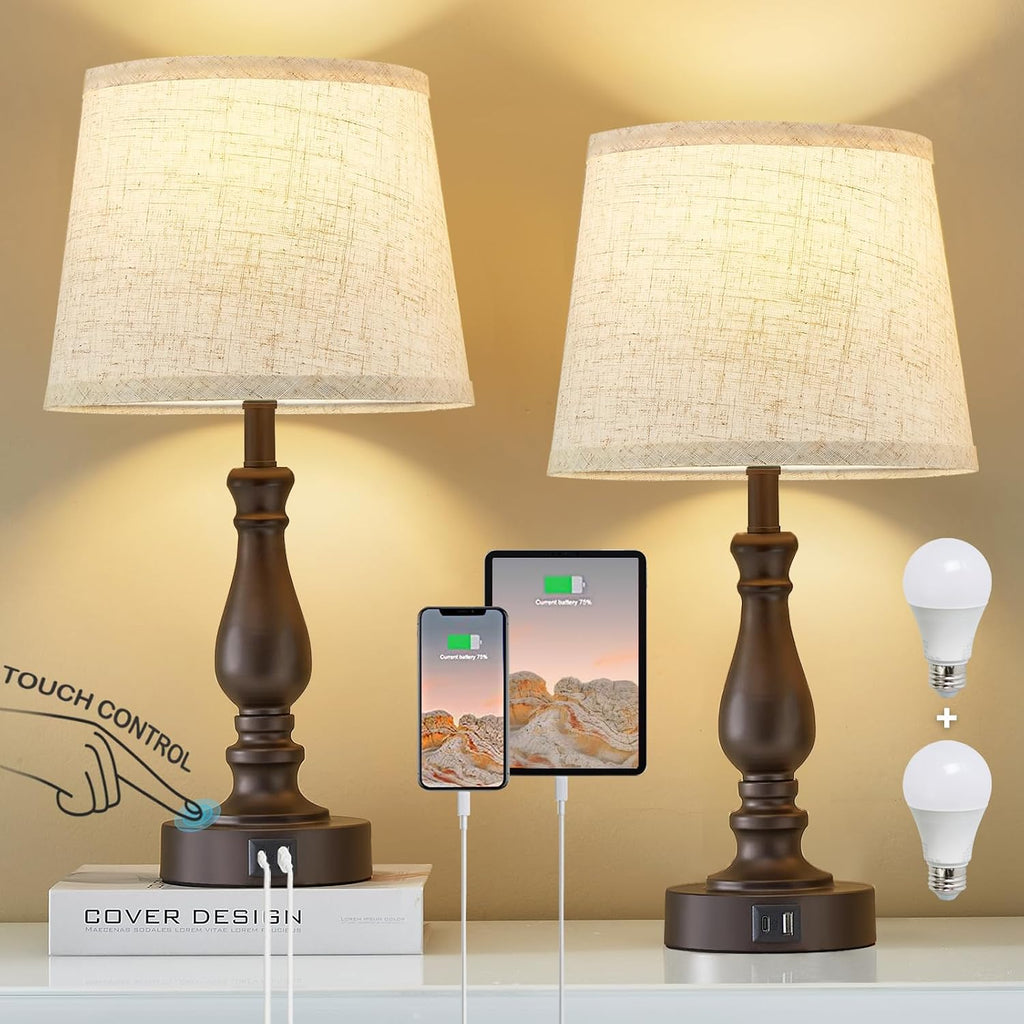 EJIAXIN Table Lamps for Bedrooms Set of 2 - Touch Bedside Lamps with USB C+A Ports - Dimmable Nightstand Lamps for End Tables Farmhouse…