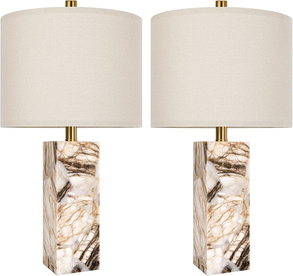 Scenekoy 23" Modern Alabaster Table Lamps Set of 2 with Night Light for Bedroom, Rotary Switch, Bedside Lamp with Linen Shade, Brown…