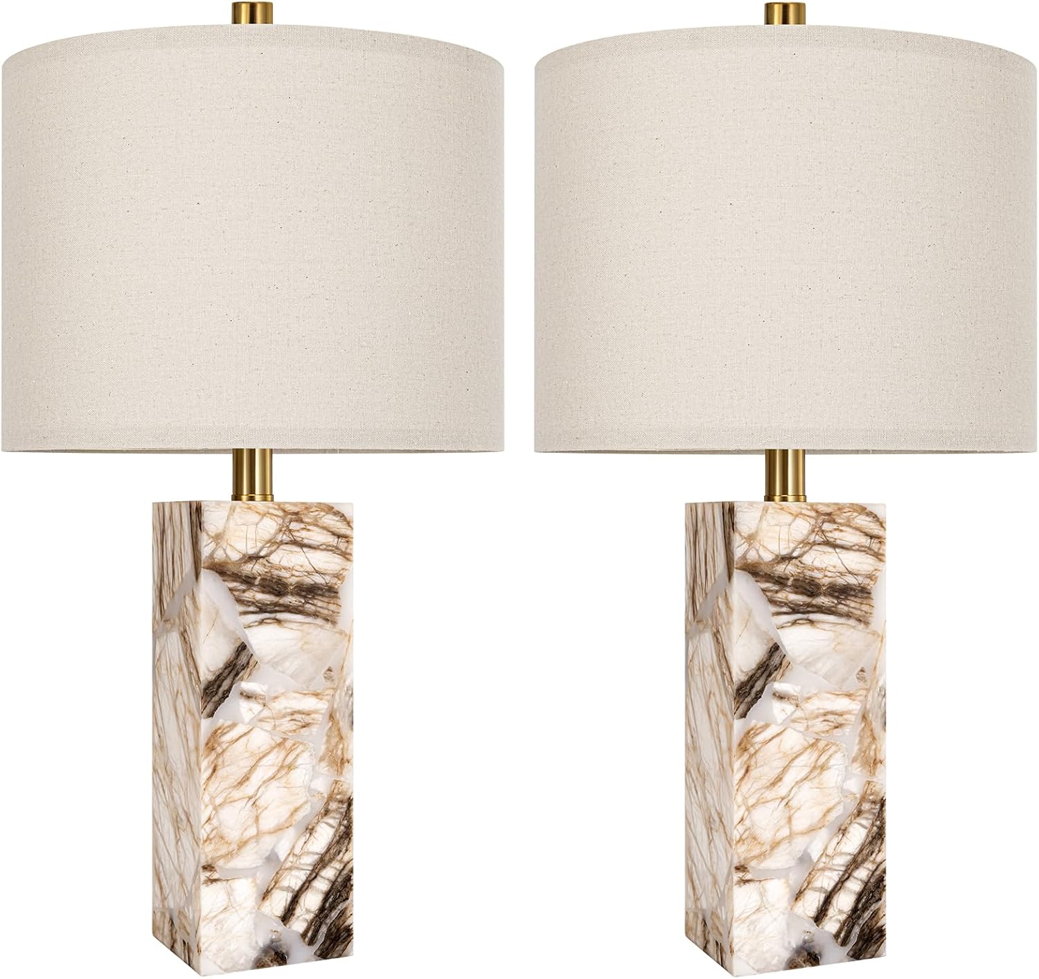 Scenekoy 23" Modern Alabaster Table Lamps Set of 2 with Night Light for Bedroom, Rotary Switch, Bedside Lamp with Linen Shade, Brown…