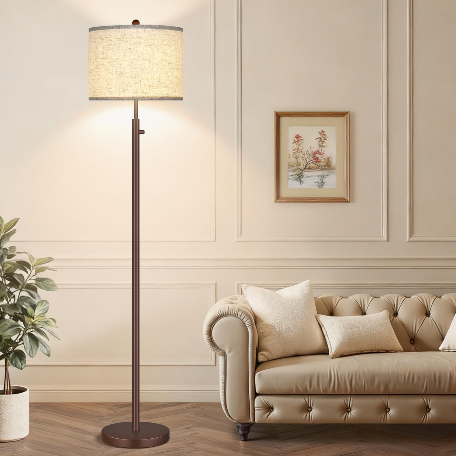 Nintiue 【Upgraded】 Dimmable Floor Lamp for Living Room, 11W LED Bulb Included, Modern Standing Lamp, Tall Pole Light with Linen Shade for…