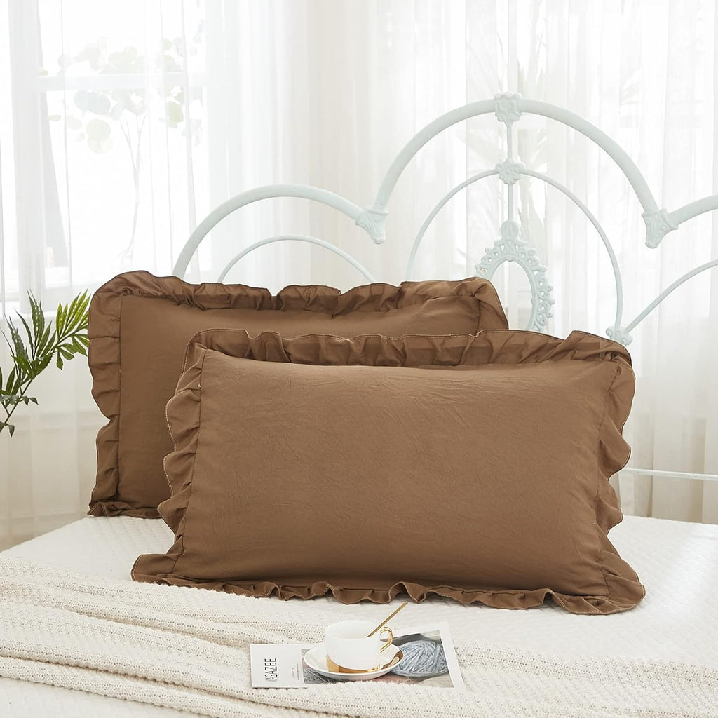 Merryword Brown Ruffle Standard Pillow Shams 20x26inch - Cute Coffee Pillowcases Set of 2 - Shabby Chic Soft Cover 2 Pack 2 Pack