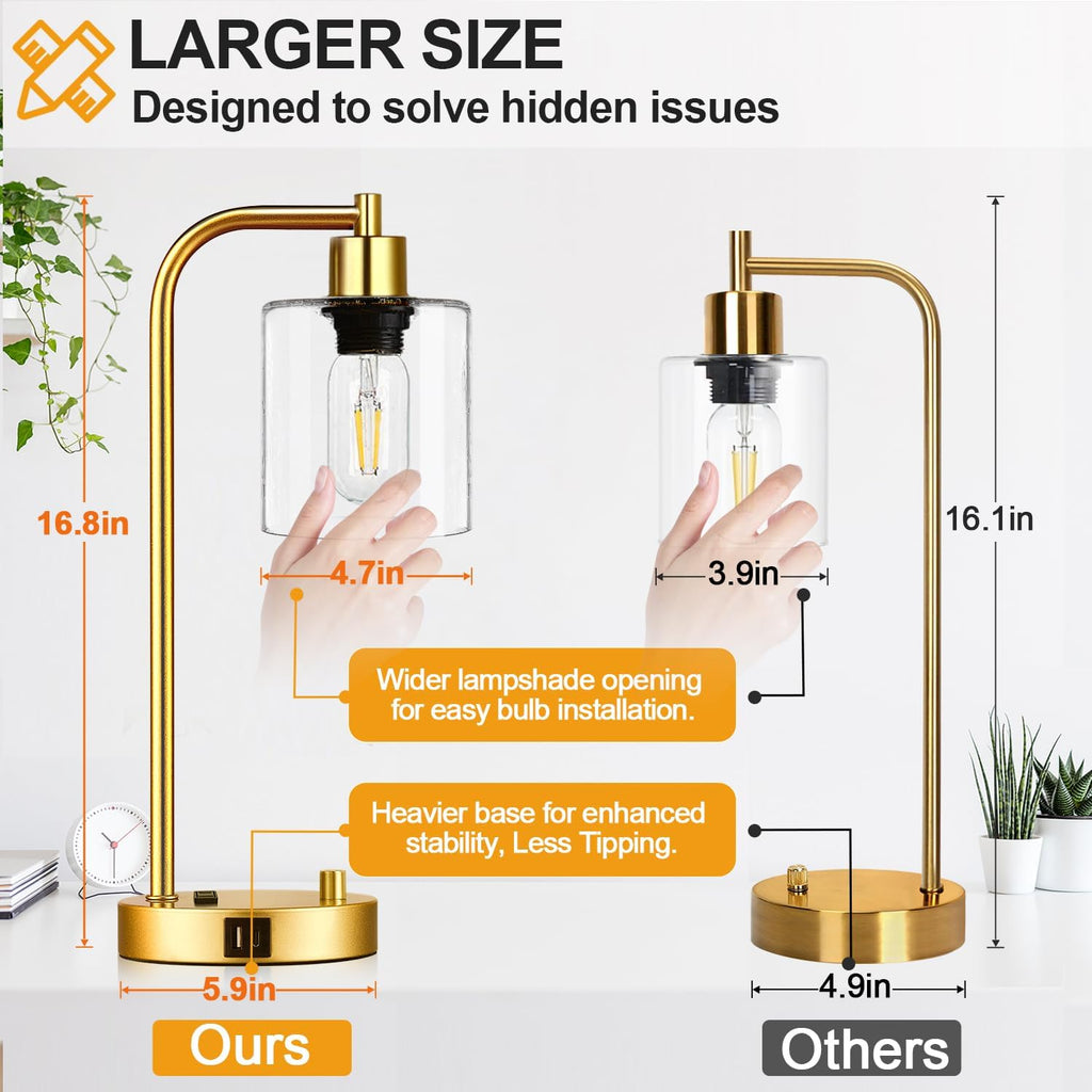 Lynnoland Set of 2 Industrial Table Lamps with USB Port, Gold Fully Stepless Dimmable Bedside Lamps for bedrooms, Nightstand Desk Lamp…