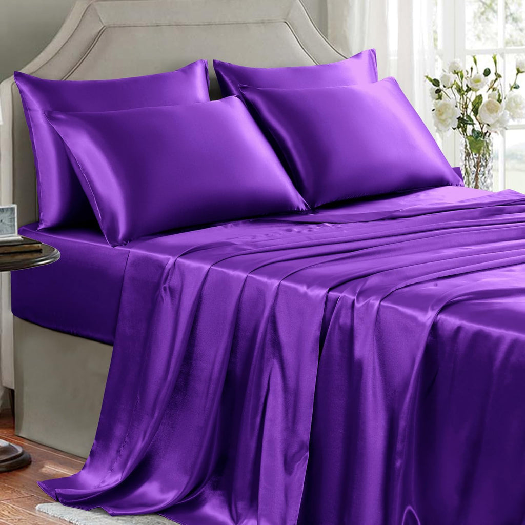 Golal Satin Sheets Queen Size - 6 Pieces Luxury Silky Soft Bed Sheets, Wrinkle-Free Dark Purple Satin Silk Sheet Set with 1 Deep Pocket Fit…