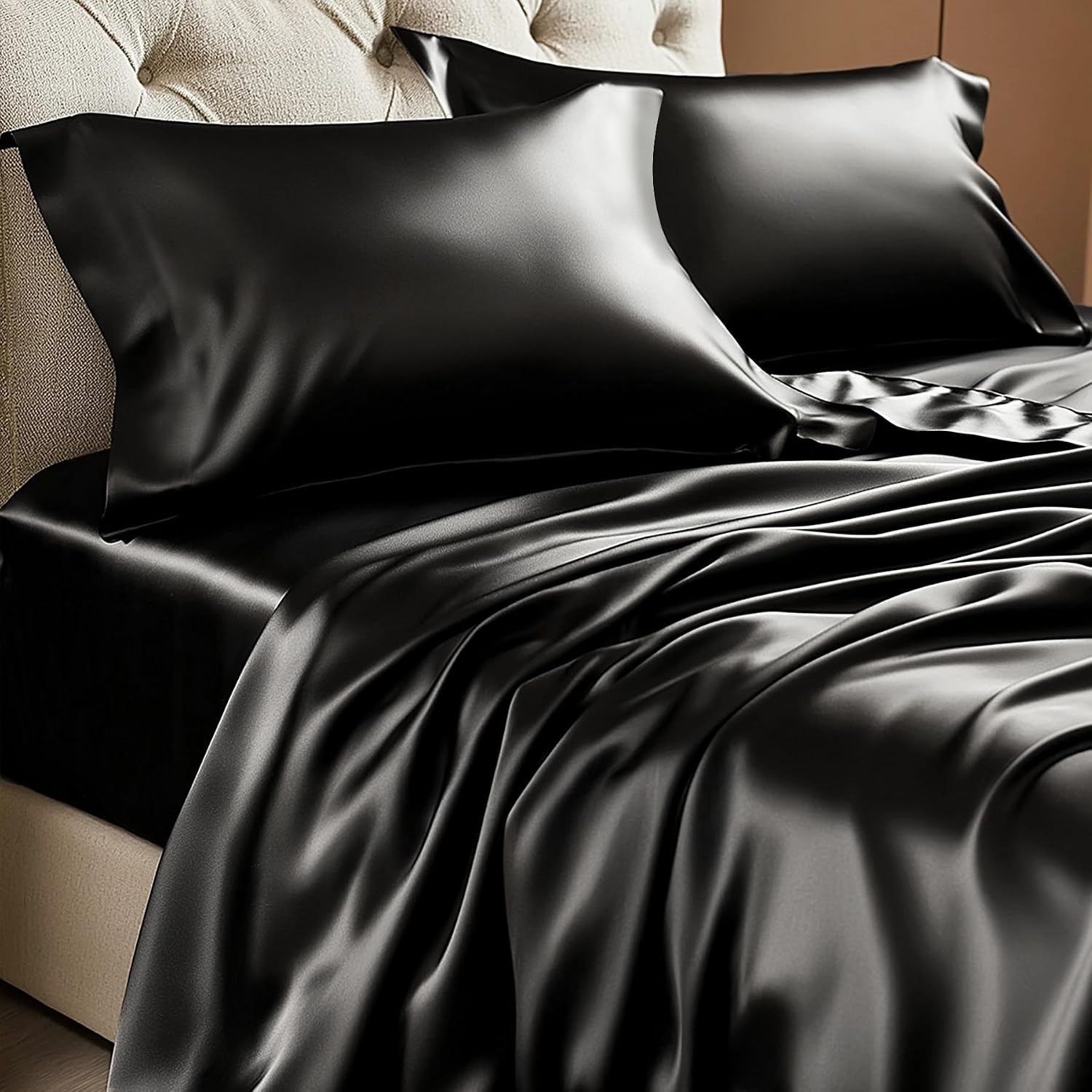 Bedelite Satin Sheets Full XL Size Bed Set, Luxury Soft Black Silky Sheets for Hair and Skin, Similar to Silk Bed Sheets Set 4 Pieces with…