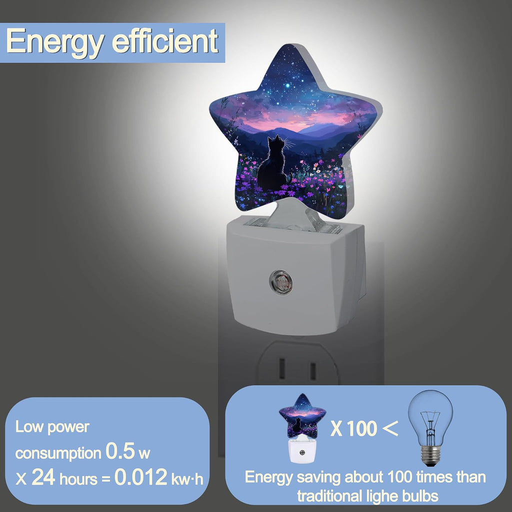 Snowmolle Cat Flowers Night Light, Mountain Starry Sky Plug-in Star Night Lights with Dusk-to-Dawn Sensor for Bedroom, Bathroom, Living Room S…