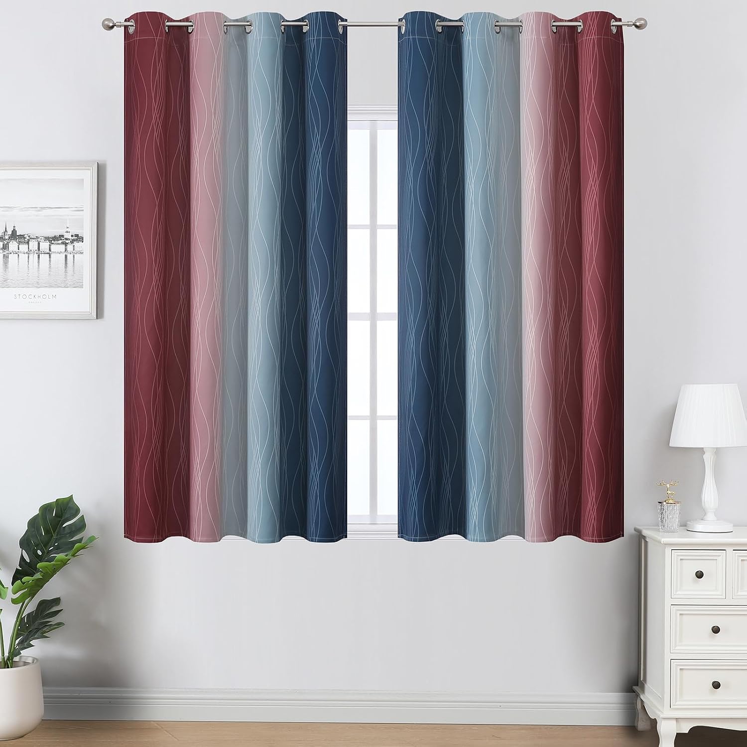 Estelartextiler Estelar Textiler Navy Blue and Burgundy Red Ombre Blackout Curtains 45 Inches Long, Room Darkening Gradient Drapes for Kitc…