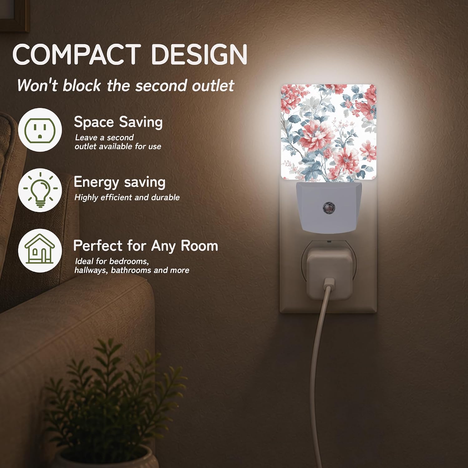 Vintage Blue Pink Floral Night Light, Night Lights Plug into Wall with Dusk to Dawn Sensor for Bedroom Bathroom Hallway Kitchen…