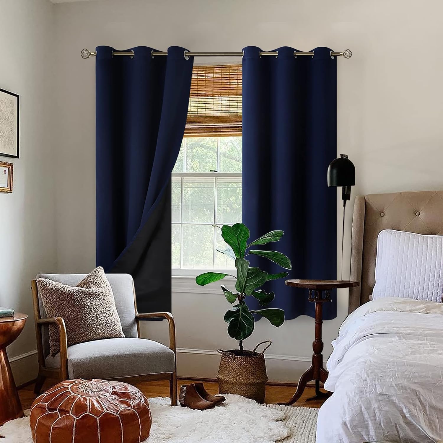 BGment Navy 100% Blackout Curtains for Bedroom 63 Inches Long with Black Liner, Thermal Insulated Double Layer Full Room Darkening Noise Re…