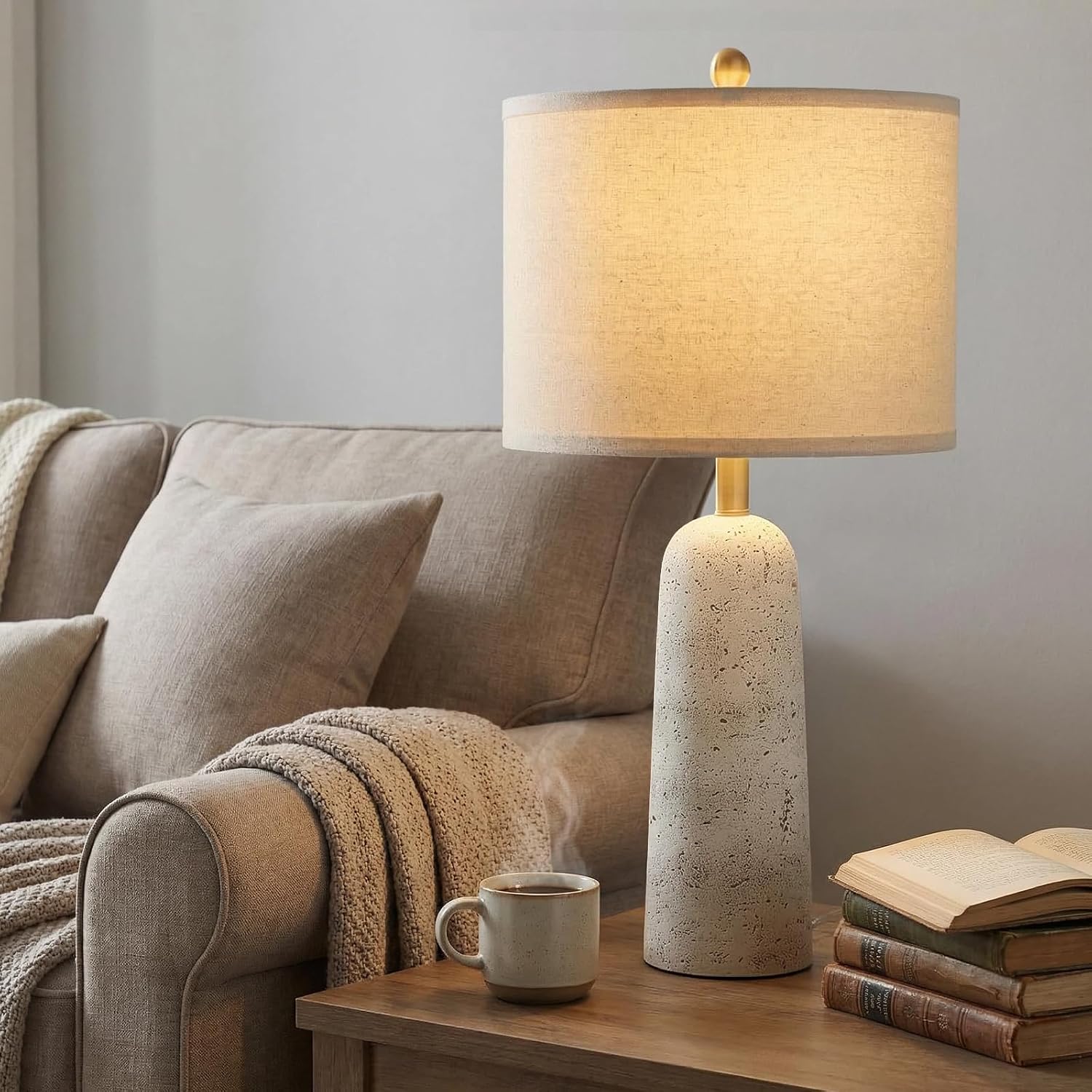 BOBOMOMO 27.25" Modern Table Lamp Set of 2, White Resin Table Lamps with Stone Look, Lamps for Living Room with Linen Shades, Bedside…