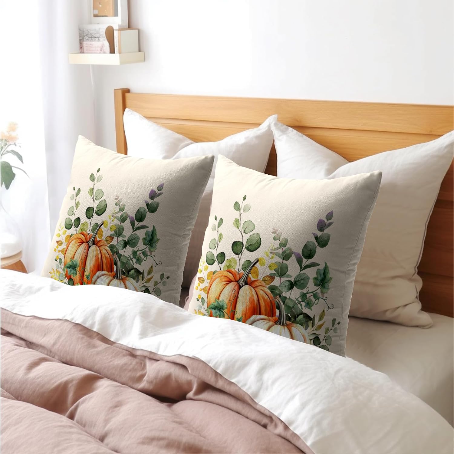 Fall Throw Pillow Cover 18x18 Inch Pack of 2 Autumn Watercolor Pumpkin Sage Green Leaf Outdoor Pillow Protector Thanksgiving Sofa Cotton…