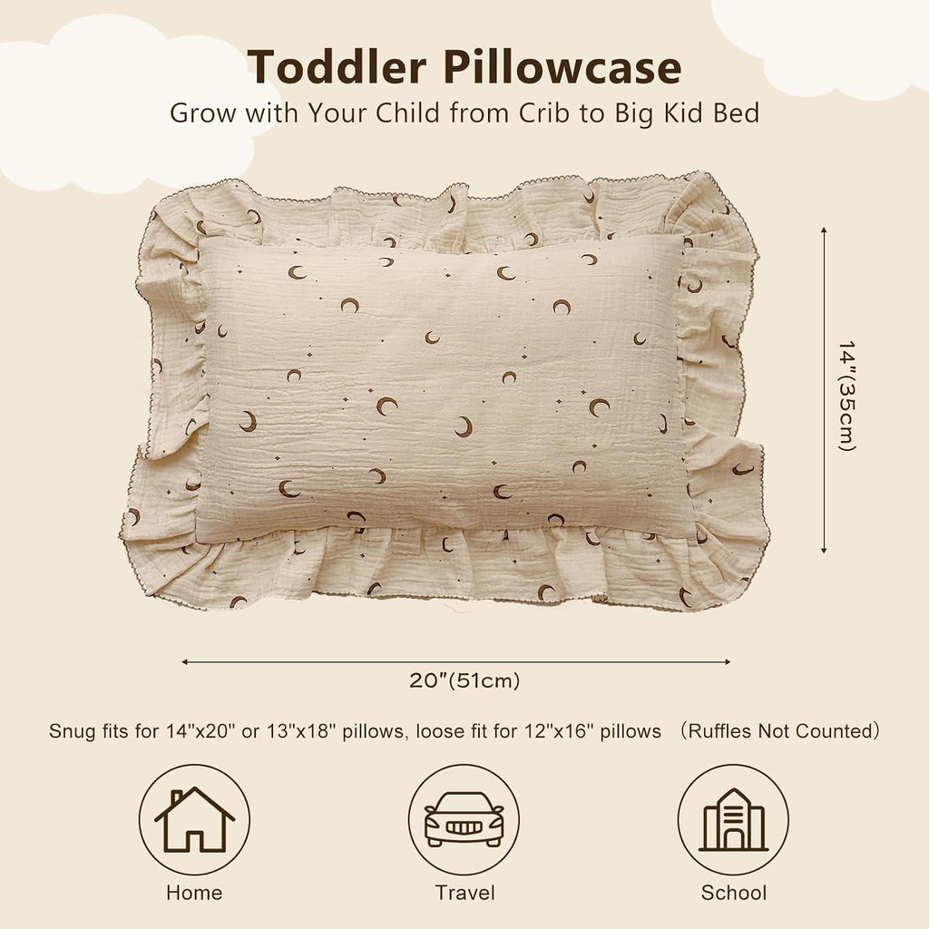 BuLuTu Muslin Toddler Pillowcases Girls Boys, Soft Breathable Cotton Kids Pillow Cover, Moon Star Pattern Shabby Chic Nursery Pillow Cases…