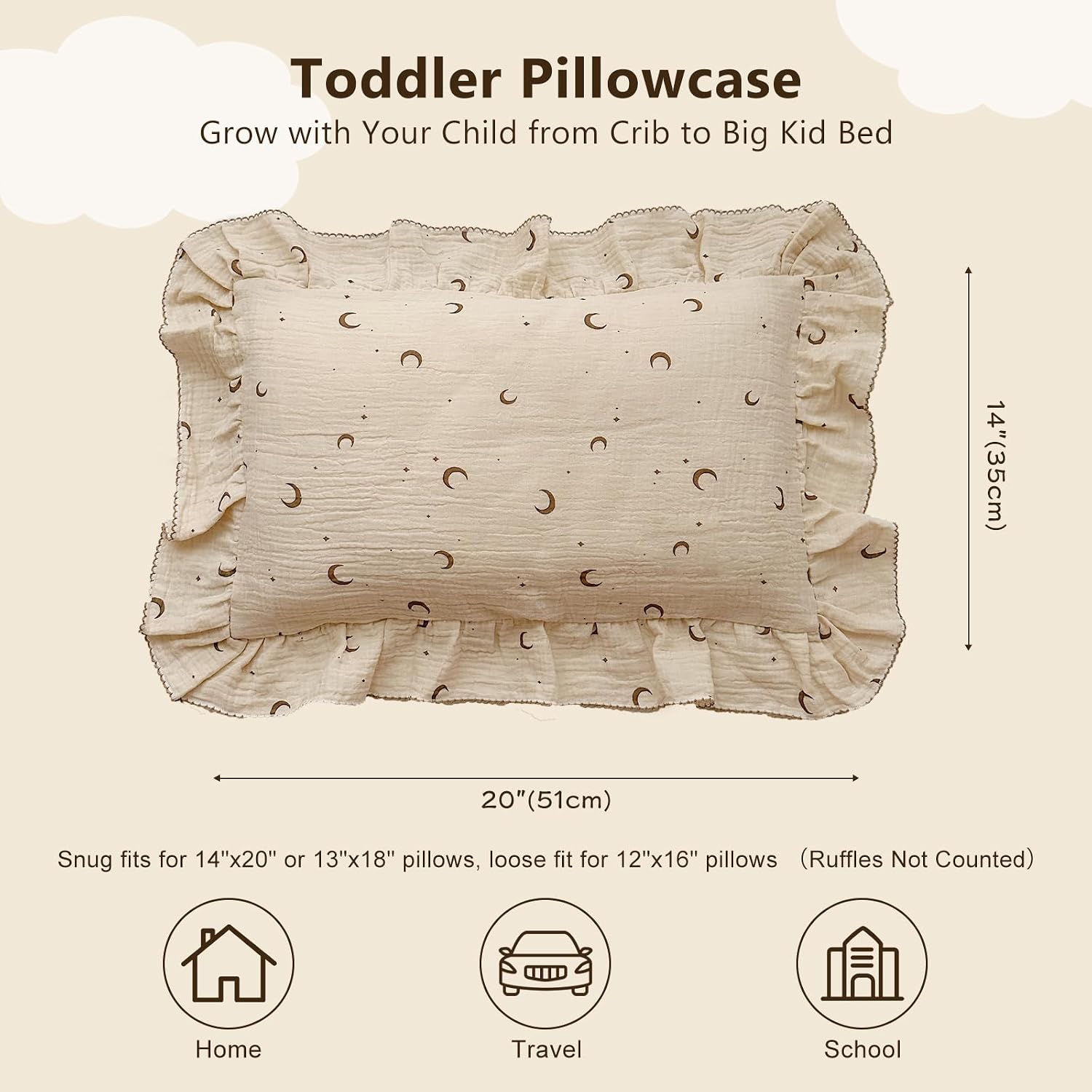 BuLuTu Muslin Toddler Pillowcases Girls Boys, Soft Breathable Cotton Kids Pillow Cover, Moon Star Pattern Shabby Chic Nursery Pillow Cases…