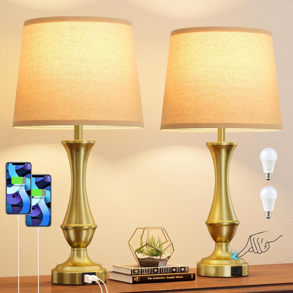 Seealle Upgraded Touch Lamps for Night Stands Set of 2 - Bedside Lamps with USB C+A, 3 Way Dimmable for Bedroom Living Room End Tables…