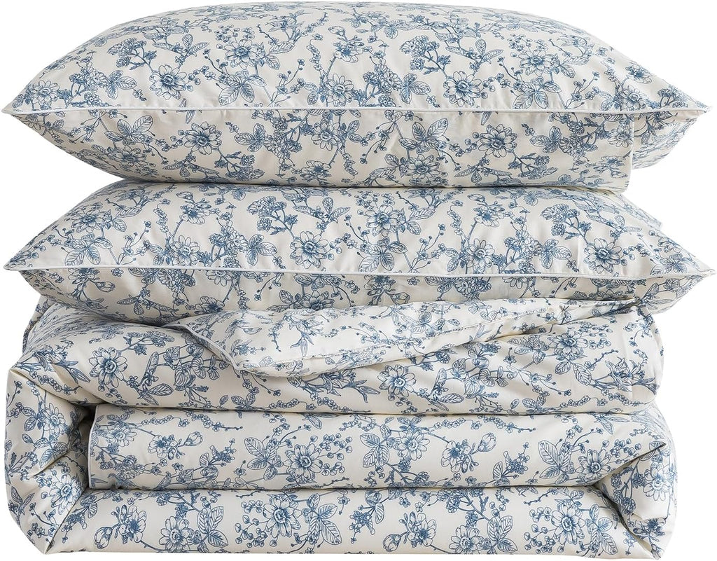 Puralens Blue Floral Duvet Cover King Size 100% Cotton, Vintage Pattern Soft Crisp Toile Comforter Cover Set, Aesthetic Cute Reversible Per…