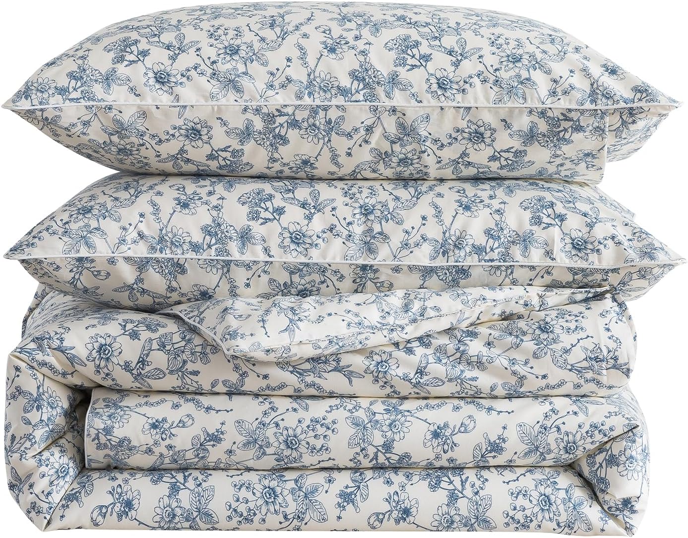 Puralens Blue Floral Duvet Cover King Size 100% Cotton, Vintage Pattern Soft Crisp Toile Comforter Cover Set, Aesthetic Cute Reversible Per…