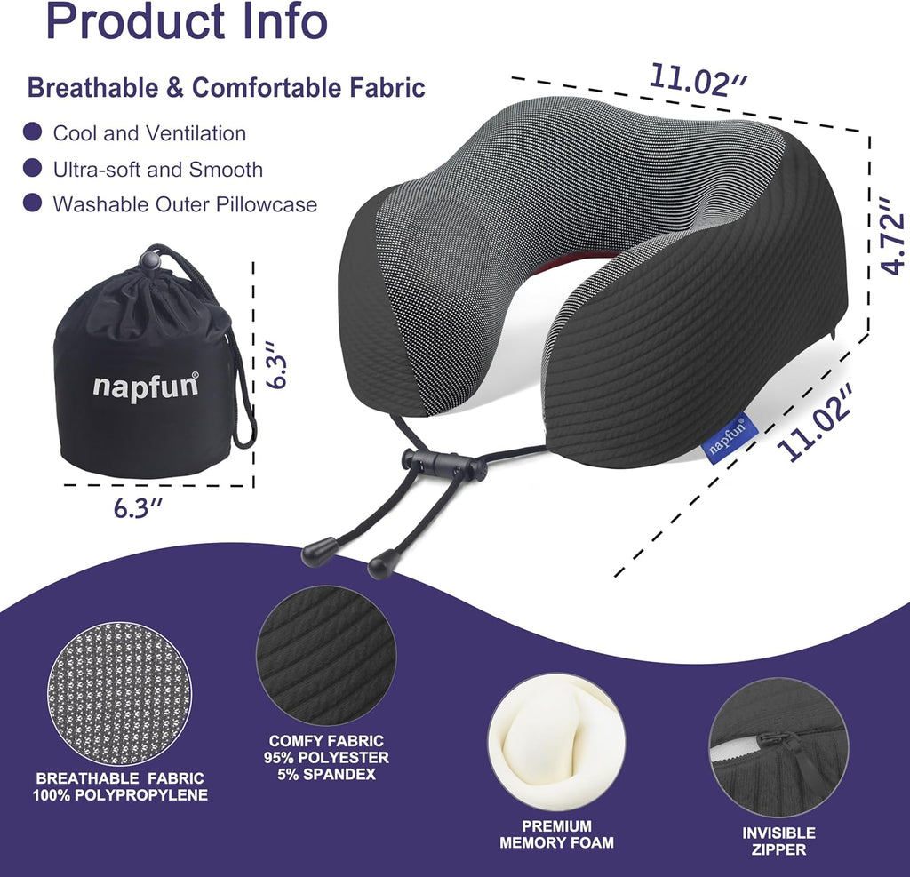 napfun Neck Pillow for Traveling, Upgraded Travel Neck Pillow for Airplane 100% Pure Memory Foam Travel Pillow for Flight Headrest Sleep…