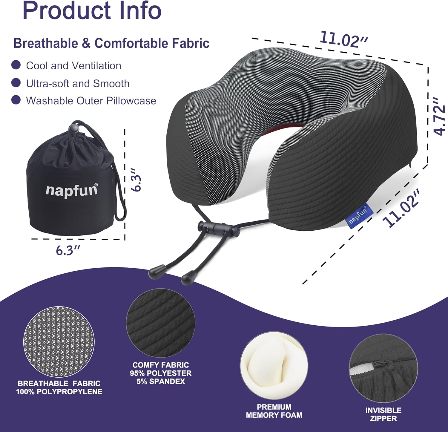 napfun Neck Pillow for Traveling, Upgraded Travel Neck Pillow for Airplane 100% Pure Memory Foam Travel Pillow for Flight Headrest Sleep…