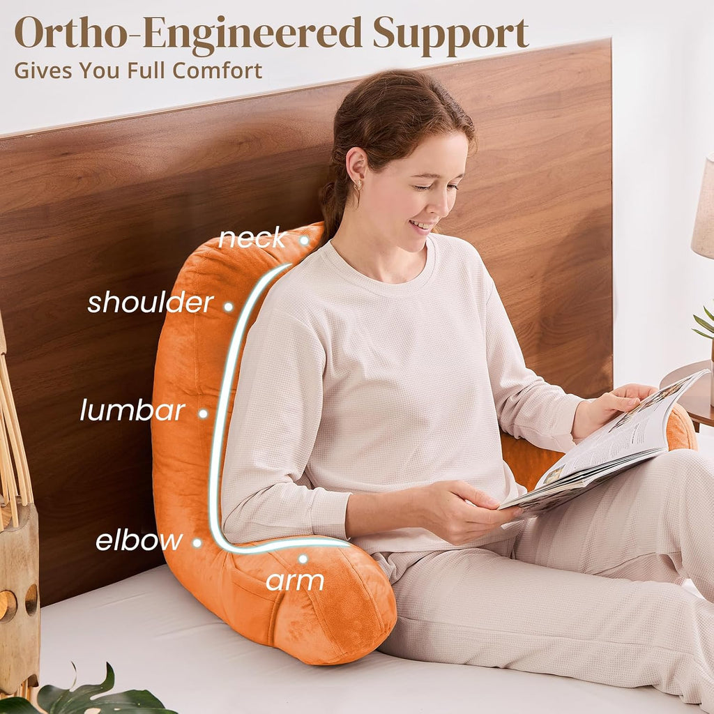 Sasttie Reading Pillow for Bed - 23 Inch, Back Pillow for Bed Sitting Up, Back-Rest Support Cushion with Side Pockets and Arms, Dorm Essent…