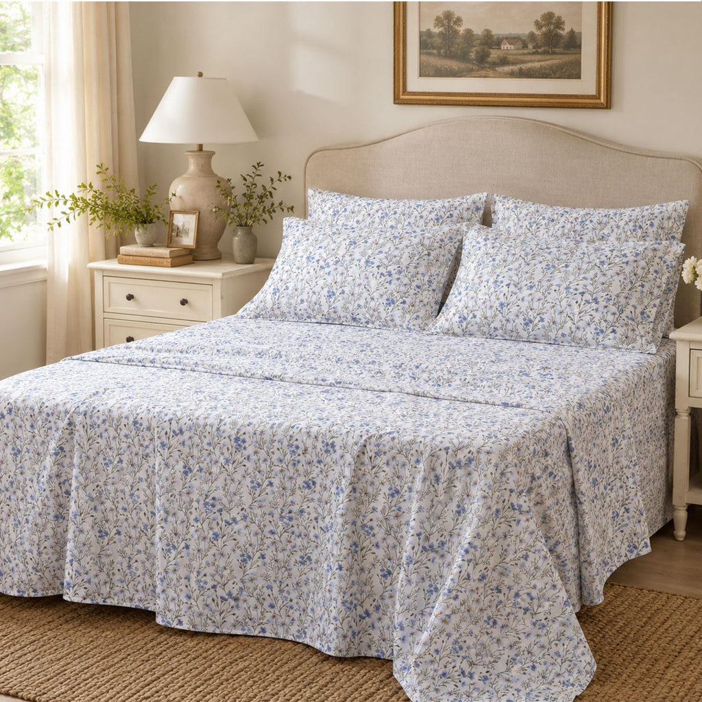 FADFAY 100% Cotton Percale Sheet Set California King – Blue Meadow Floral Bedding, Vintage Wildflower Botanical Sheets, Soft Breathable…