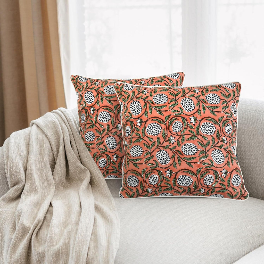 Ridhi Block Print Dark Salmon Pink Pillow Cover 18" x 18" (Pack of 2) Decorative Couch Pillows for Living Room, Chic Boho Cute Outdoor Pill…